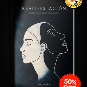 Puede incluir: Portada de libro con el título "REALIFESTACIÓN" y la frase "DESPIERTA TU PODER CREADOR. CREA TU REALIDAD." La imagen muestra dos rostros estilizados, uno blanco y otro negro, sobre un fondo azul oscuro. Un adhesivo "50% OFF" es visible.