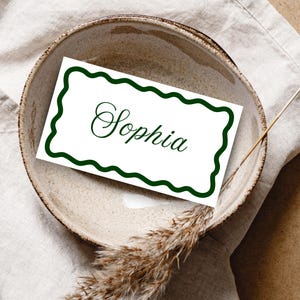 Dark Green Wavy Place Card, Table Name Card, Printable Place Card, Whimsical Wavy Border, Editable Canva Template