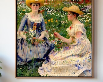 Impressionist Meadow Girls Art Print: Vintage Flower Field (Digital Download)