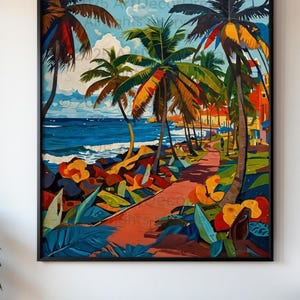 May include: A framed painting of a tropical beach scene. Palm trees with orange and green fronds line a red pathway. The ocean is blue, and the sky is a mix of blue and white. The artwork is in a colourful, impressionistic style.