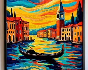Venice Canal Print: Impressionist Gondola & Bell Tower Sunset (Digital Download)