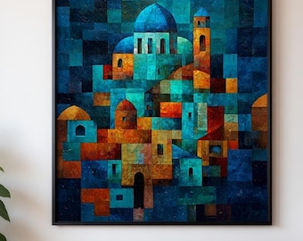 Abstract Mediterranean Village  with Blue Dome Church - Digital Download