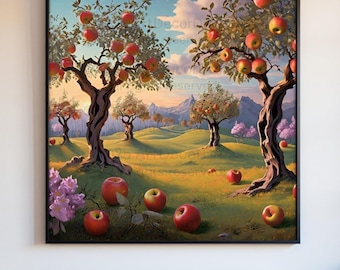 May include: A framed painting of an apple orchard, featuring trees heavy with red apples. The artwork shows rolling green hills, a blue sky with clouds, and mountains in the background. Red apples are scattered on the grass.