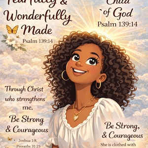 Puede incluir: Ilustración de una mujer sonriente con cabello castaño rizado, vestida con una blusa blanca y joyas doradas. La imagen incluye texto del Salmo 139:14 y otras citas inspiradoras. El fondo presenta un cielo soleado.
