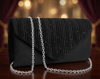 Elegant Black Satin Rhinestone Clutch Bag, Evening Party Purse with Gold Chain