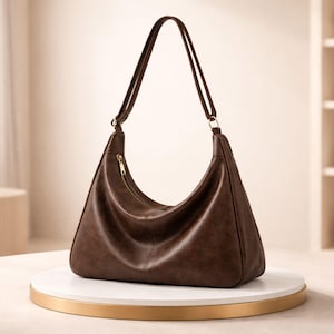 May include: A brown hobo bag with a curved design and a long shoulder strap. The bag features a gold-colored zipper and hardware. The bag is made of a smooth material and sits on a white and gold platform.