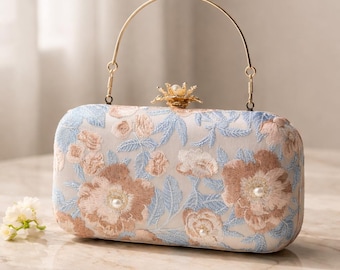Floral Embroidered Satin Clutch Bag, Vintage Evening Wedding Bridal Purse