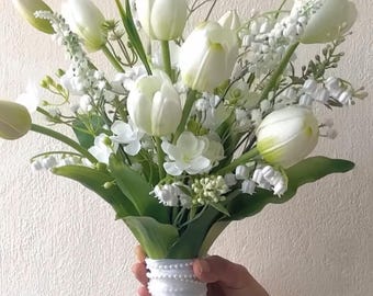 White Tulip & Lily of the Valley Bridal Bouquet WORLDWIDE SHIPPING