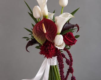 Trendy Pinterest Burgundy Wine White Calla Anthurium Amaranthus Cascading Bridal Bouqiet (Faux Silk Flowers)