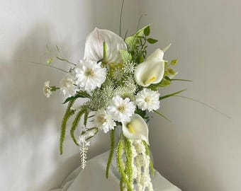 White Modern Trendy Bridal Bouquet | Cascading Amaranthus, Anthurium, Calla Lily Silk Flowers