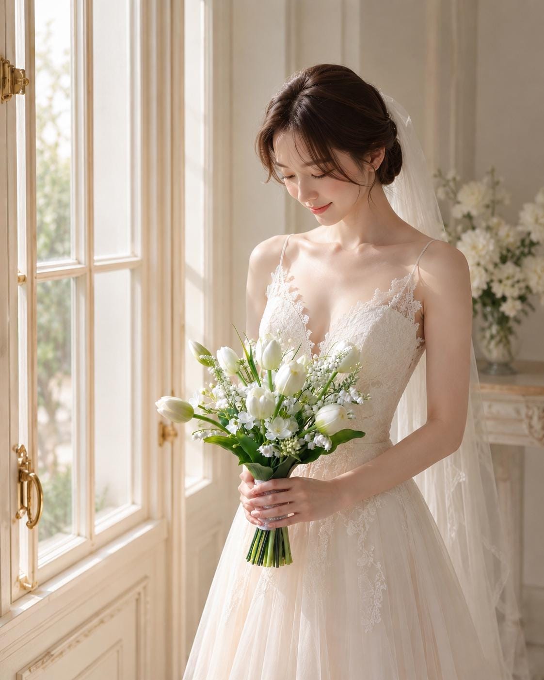 White Tulip & Lily of the Valley Bridal Bouquet WORLDWIDE SHIPPING