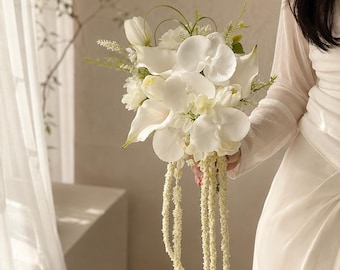 White Orchid Calla Lily Cascading Bridal Bouquet | Elegant Faux Wedding Drop Bouquet
