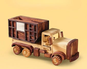 Handmade Wooden Dump Truck Toy, Natural Wood Construction Vehicle, Montessori Eco-Friendly Gift