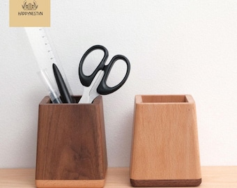 Handmade Beech & Walnut Wood Pen Holder, Minimalist Desk Organizer