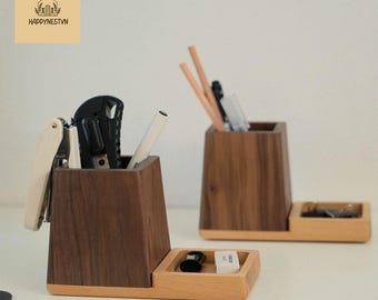 Handmade Beech and Walnut Wood Pen Holder with Tray, Desk Organizer