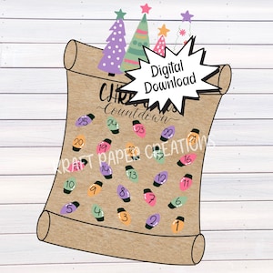 May include: A digital download Christmas countdown on a scroll. The scroll is tan with a decorative border. The countdown features colorful light bulbs numbered 1-25. The top of the scroll has Christmas trees and the words "Digital Download".