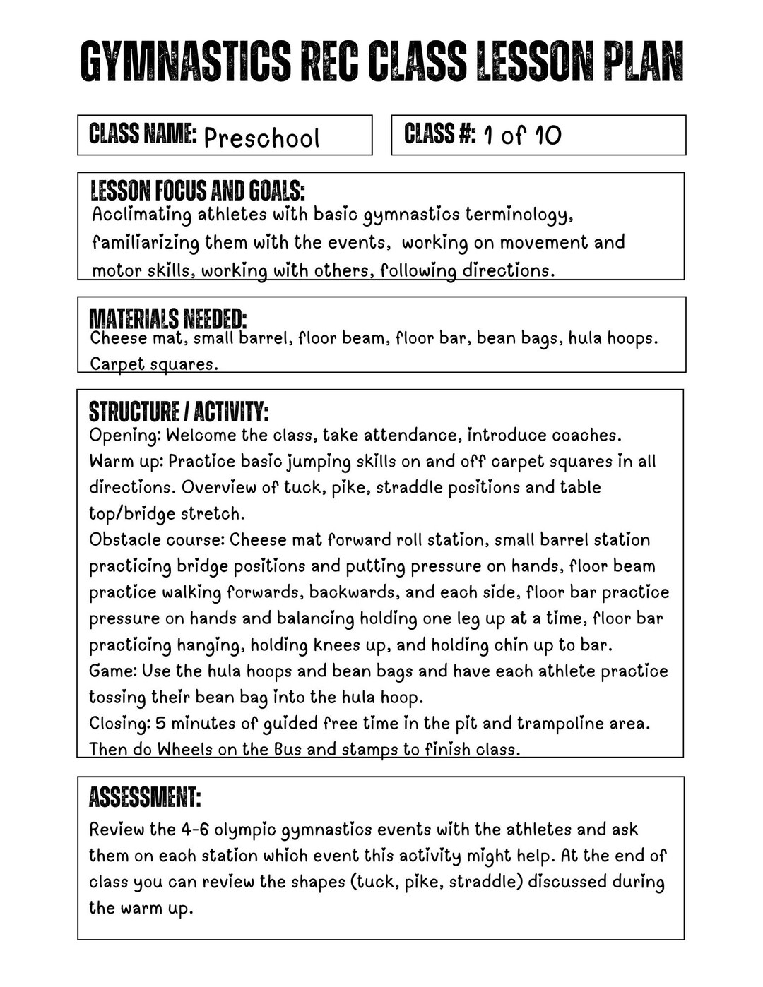 Gymnastics Rec Class Lesson Plan Template (with Example Plan!) - Etsy