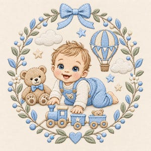 Puede incluir: Un diseño de bordado que muestra a un bebé con peto azul gateando junto a un osito de peluche y un tren de juguete azul. La escena está enmarcada por una corona circular de hojas, bayas azules y flores, con un globo aerostático, nubes y estrellas.