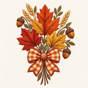 Può includere: Un disegno ricamato che raffigura un bouquet di elementi autunnali, tra cui foglie d'acero rosse e gialle, spighe di grano dorate e ghiande marroni. La composizione è legata alla base da un fiocco decorativo a quadretti arancioni e bianchi.