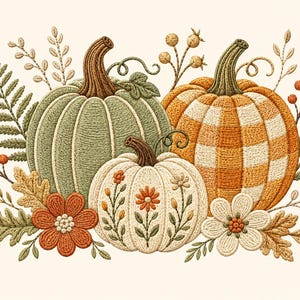 May include: An embroidery design featuring three pumpkins: one sage green, one orange and white checkered, and one cream with floral stitching. The arrangement is surrounded by embroidered fern leaves, orange berries, and two large flowers.