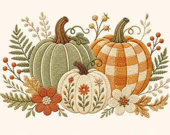 May include: An embroidery design featuring three pumpkins: one sage green, one orange and white checkered, and one cream with floral stitching. The arrangement is surrounded by embroidered fern leaves, orange berries, and two large flowers.