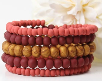 Handmade Polymer Clay Beaded Memory Wire Bracelet: Gold, Red, and Pink