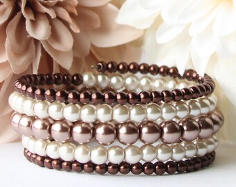 Brown and Beige Glass Pearl Memory Wire Bracelet