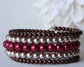 Red, Gold & Brown Glass Pearl Wrap Bracelet: Autumn Jewelry