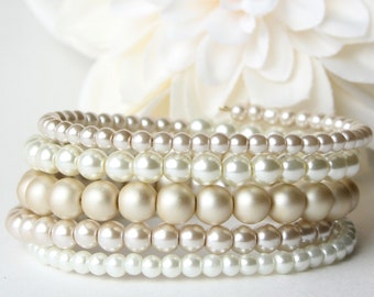Gold, Beige, and Ivory Glass Pearl Memory Wire Bracelet