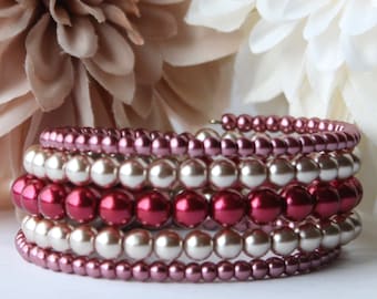 Red, Beige, and Pink Glass Pearl Memory Wire Bracelet; Bracelets For Women