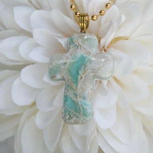 Turquoise, Gold, White, and Translucent Ocean Style Polymer Clay Cross Pendant Necklace