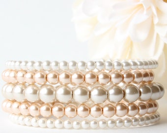 Champagne, Cream, and Beige Glass Pearl Memory Wire Beaded Bracelet