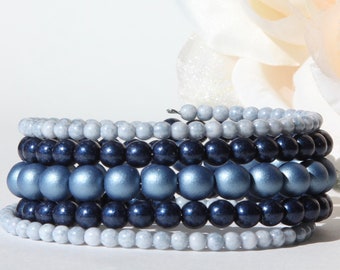Blue Glass Pearl Beaded Memory Wire Bracelet