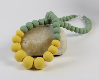 Yellow & Green Polymer Clay Beaded Necklace - Handmade 19 Inch