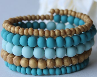 Mint Green, Teal, and Gold Polymer Clay Beaded Memory Wire