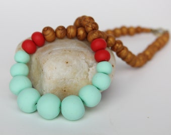 Handmade Mint, Red, and Gold Polymer Clay Beaded Necklace - 19 inch