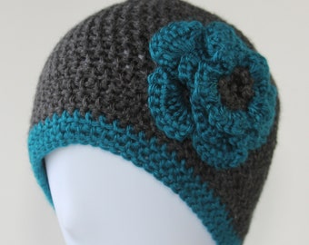Charcoal and Blue Flower Winter Beanie Hat; Women's Winter Hat; Flower Beanie; Winter Hat For Her; Winter Flower Hat; Gift For Her