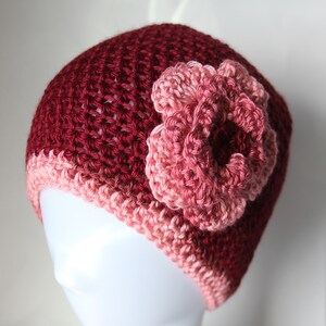 Red Crochet Beanie With Pink Flower