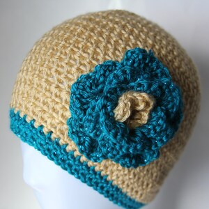 Gold Crochet Beanie With Sparkly Teal Flower