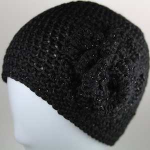Black Crochet Beanie with Sparkly Black Flower; Women&#39;s Fall or Winter Hat