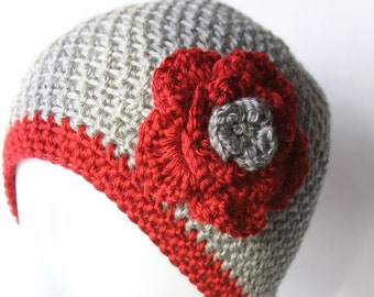 Gray Crochet Beanie With Red Flower