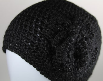 Black Crocheted Beanie With Flower on Side for Women - Etsy