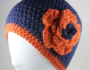 Navy Crochet Beanie with Orange Flower