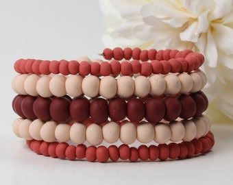 Red Peach Polymer Clay Beaded Bracelet: Memory Wire Cuff