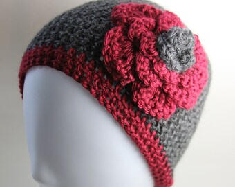 Charcoal Gray Crochet Beanie Hat With Red Flower; Knit Winter Hat For Women