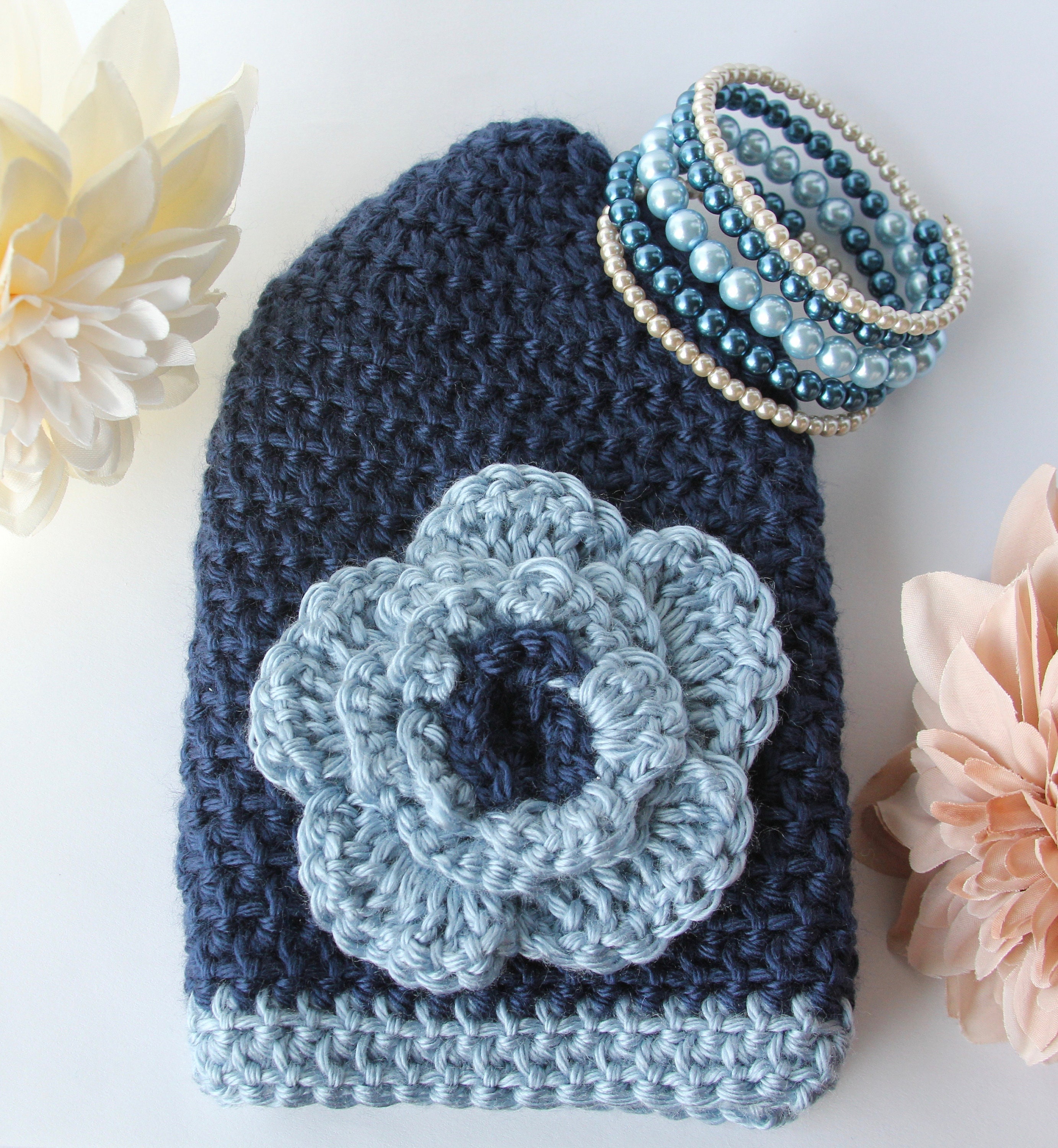 Navy Crochet Hat With Light Blue Flower - Etsy display picture 2