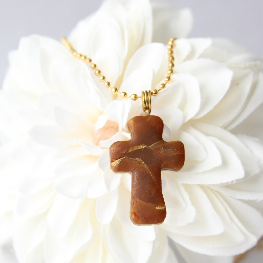 Pretty Translucent Crosses Translucent Brown Polymer Clay Cross Pendant Necklace With Gold ...
