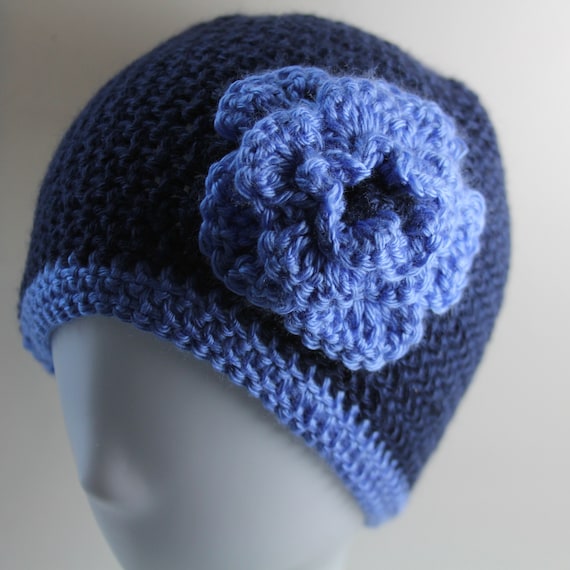 Navy Crochet Hat With Blue Flower; Knit Hat for Women in  display picture 1