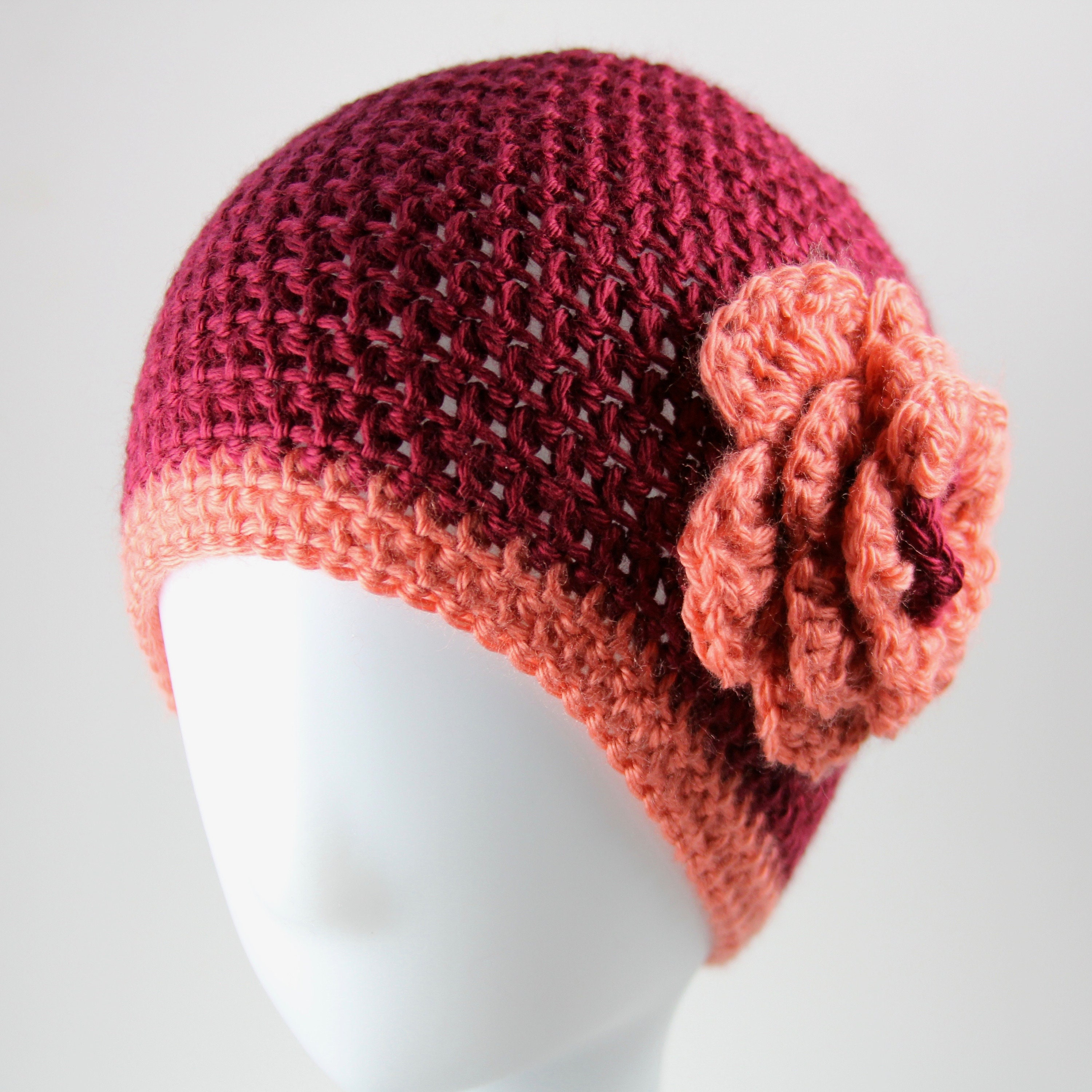 Red Crochet Beanie Hat With Pink Flower; Cozy Knit Women