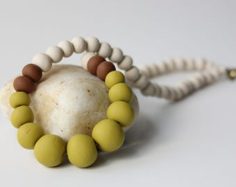 Handmade Polymer Clay Beaded Necklace: Lime Green, Brown, Gray